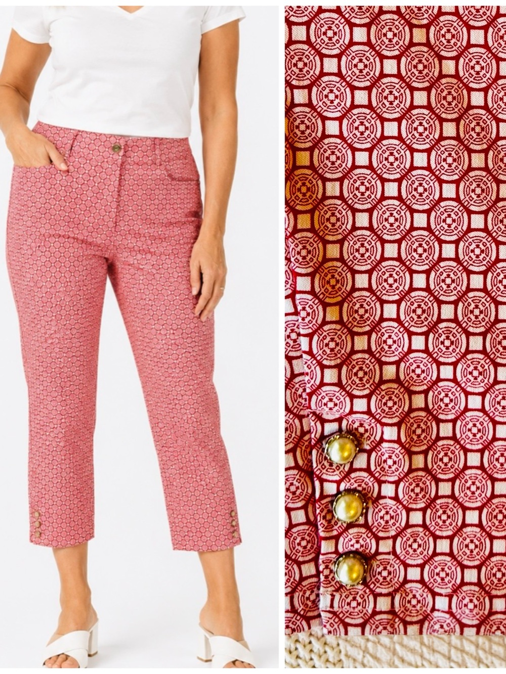 VERVE BLUES Stretchy Cropped Red & White Printed Ankle Pants w Pearl Buttons